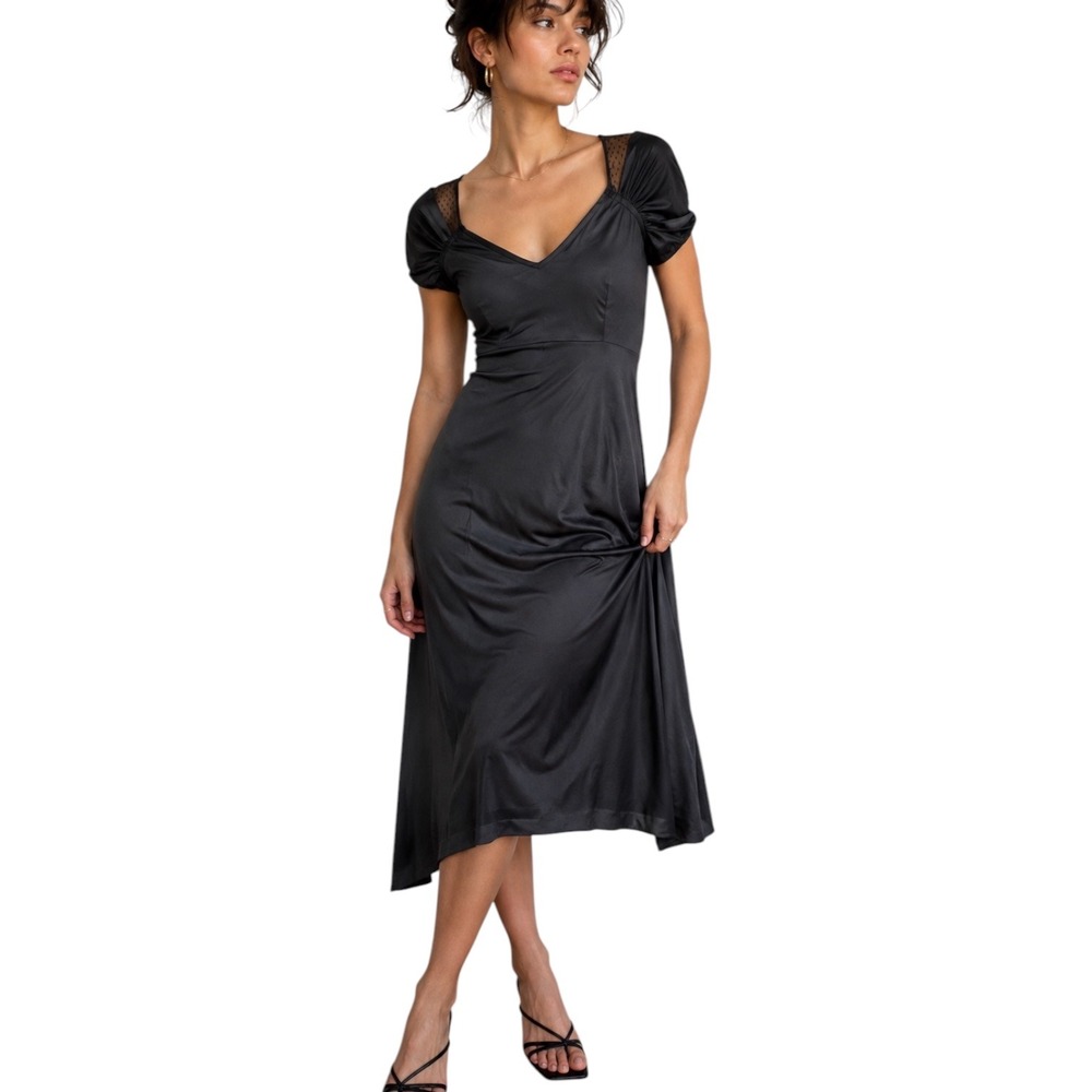 ILGWU Vintage Midi Dress Womens Small Black‎ Mesh V-Neck Tie Back Cap Sleeve
